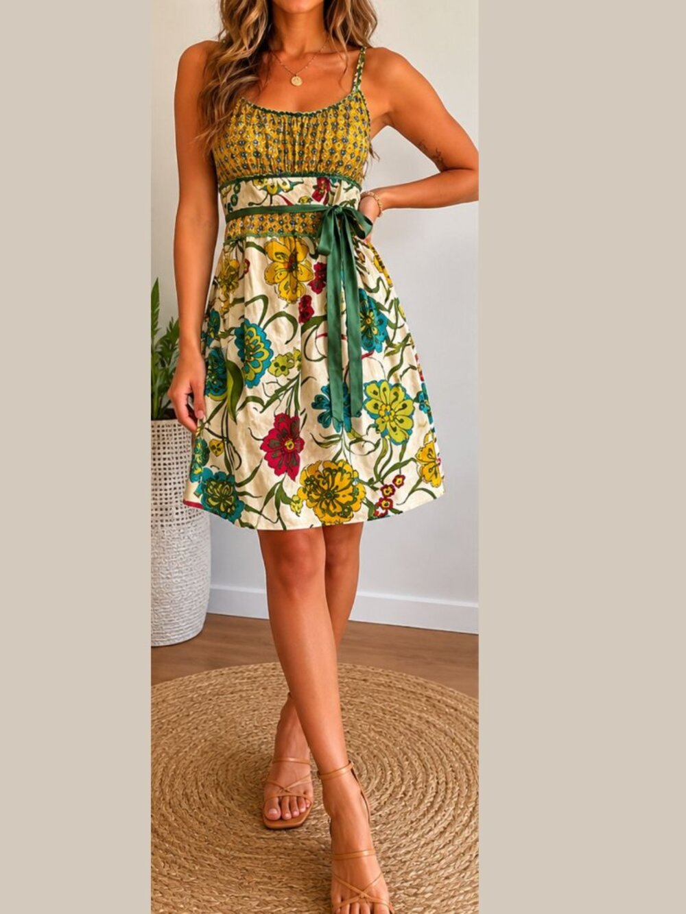 Khaki Krew Floral Sundress Boho Tie Waist Slip Dress Small